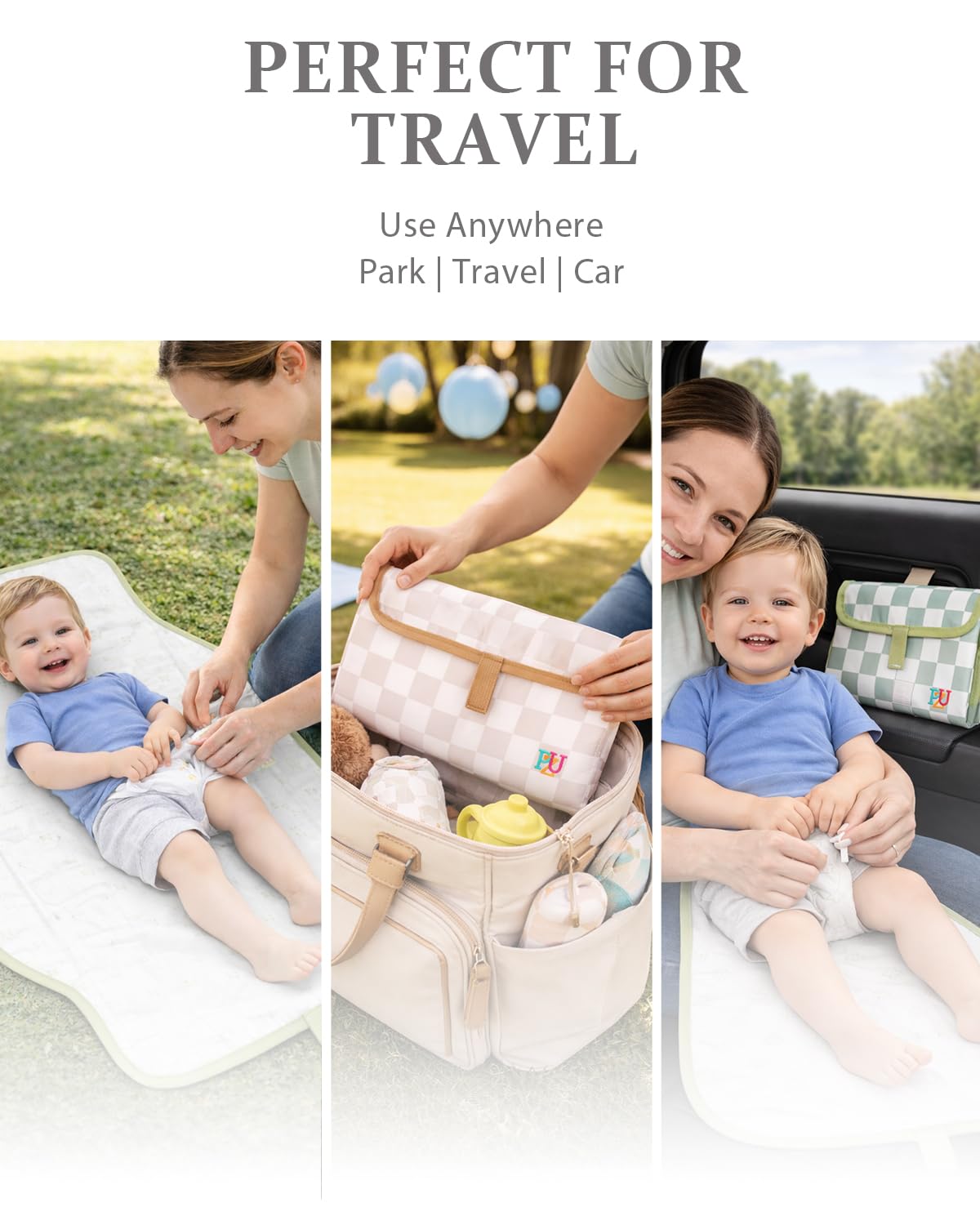 2 Pack Portable Diaper Changing Pad - Waterproof Travel Changing Mat with Built-in Pillow, Gifts for Baby Shower, Newborn Girls & Boys (Sage, Beige Checkers)