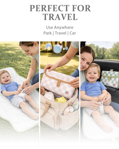 2 Pack Portable Diaper Changing Pad - Waterproof Travel Changing Mat with Built-in Pillow, Gifts for Baby Shower, Newborn Girls & Boys (Sage, Beige Checkers)
