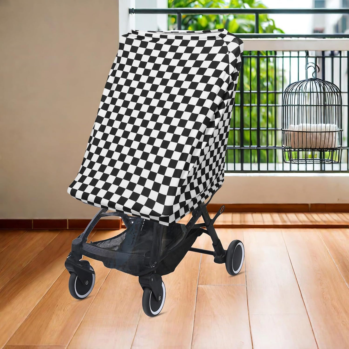 Breathable Black White Checkered Stroller Sunshade Canopy Wind Shade for Buggy and Pram Polyester Cover with Wind Resistant Protection for Cold Weather