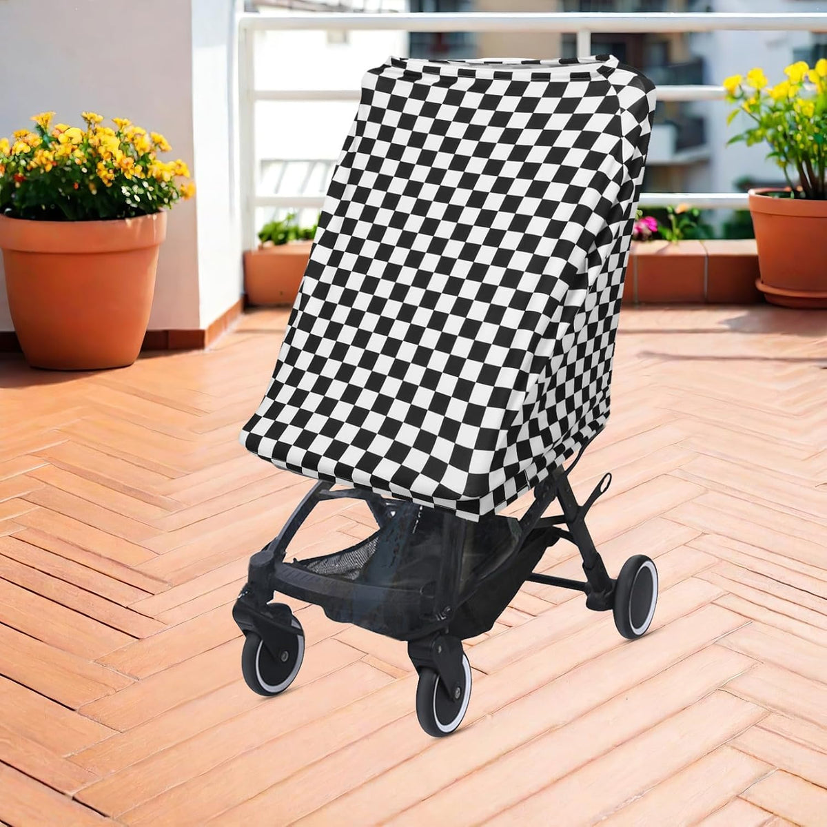 Breathable Black White Checkered Stroller Sunshade Canopy Wind Shade for Buggy and Pram Polyester Cover with Wind Resistant Protection for Cold Weather