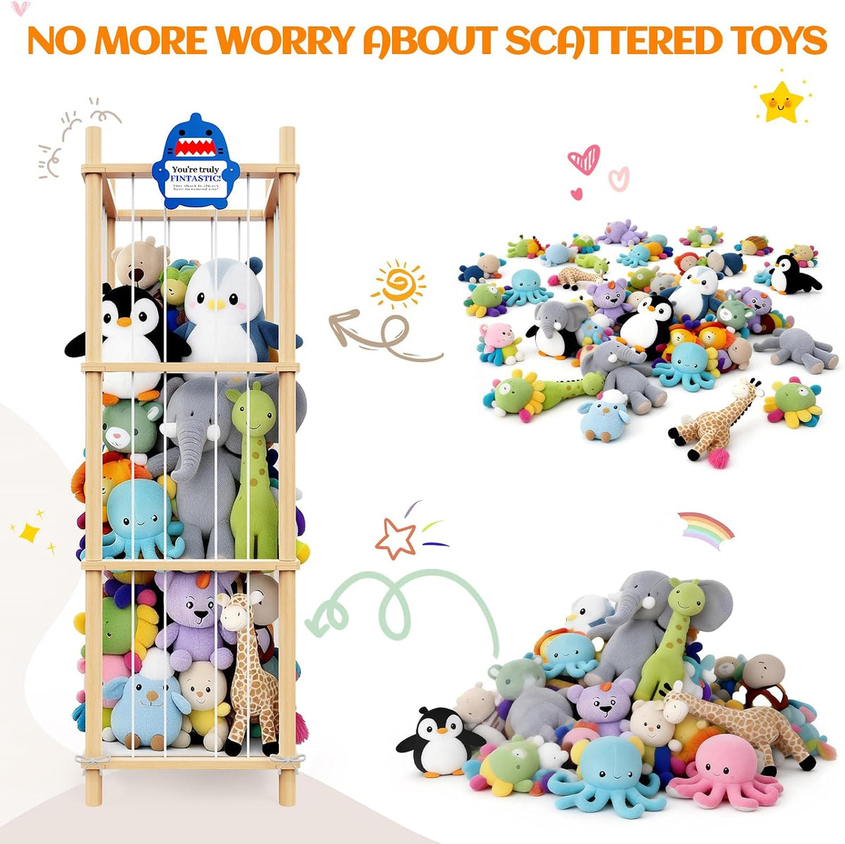 Stuffed Animal Storage & Toy Organizer 3 Layers 54 in Wooden Toy Holder
