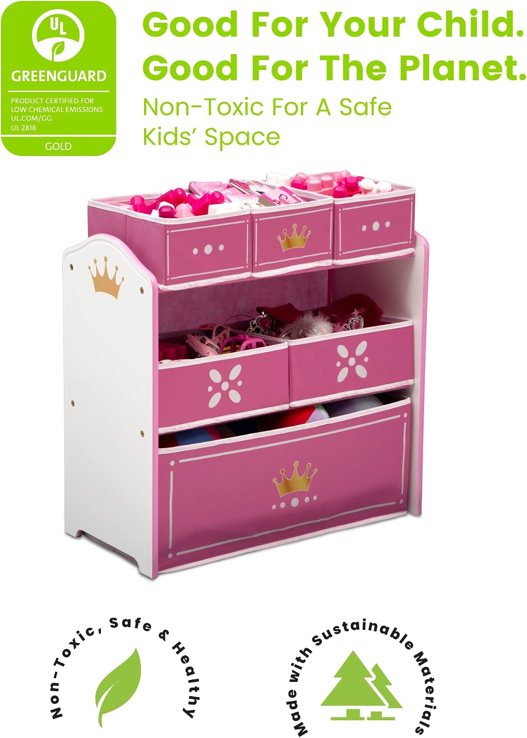 Princess Crown Design & Store 6 Bin Toy Storage Organizer - Greenguard Gold Certified, White/Pink
