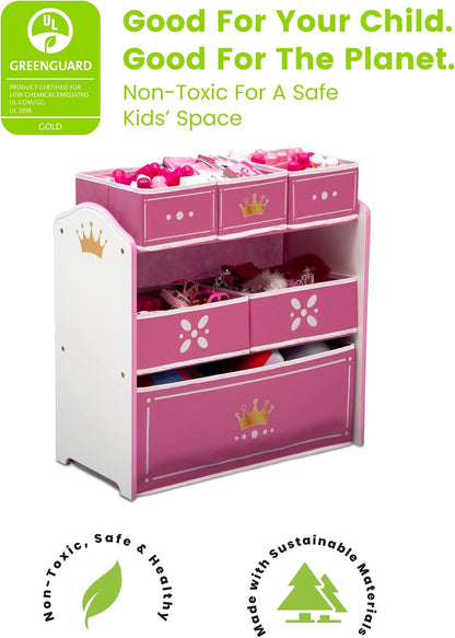 Princess Crown Design & Store 6 Bin Toy Storage Organizer - Greenguard Gold Certified, White/Pink