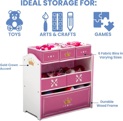 Princess Crown Design & Store 6 Bin Toy Storage Organizer - Greenguard Gold Certified, White/Pink
