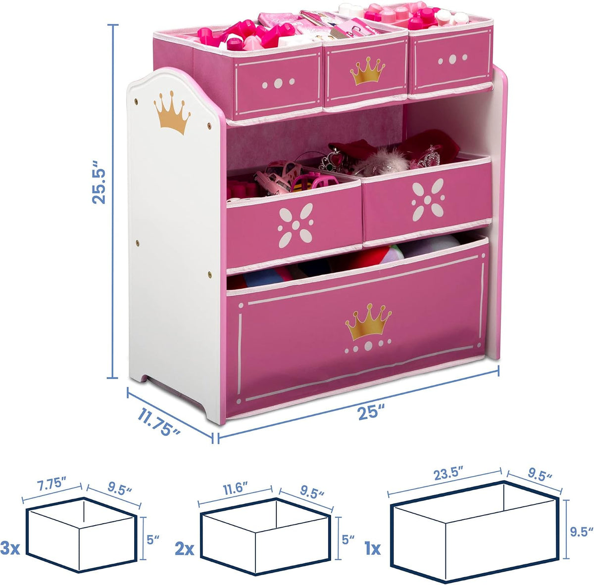 Princess Crown Design & Store 6 Bin Toy Storage Organizer - Greenguard Gold Certified, White/Pink
