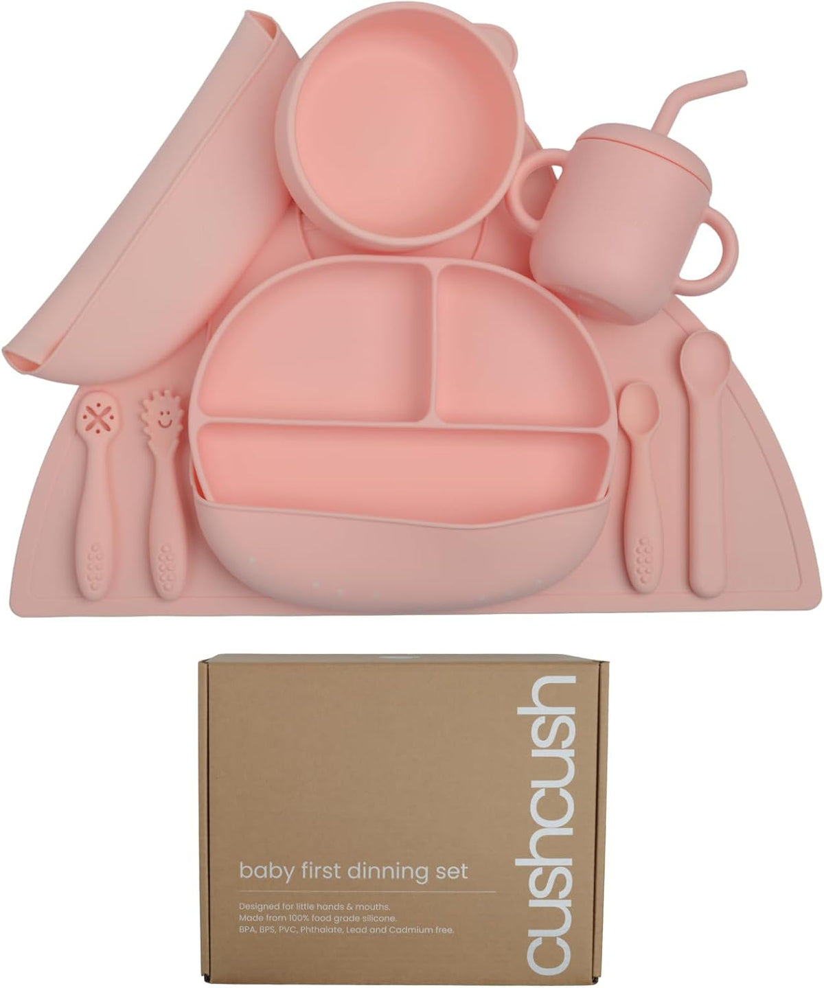 Silicone Baby Feeding Set, Baby Led Weaning Supplies, First Stage Solid Food eating Utensils, Divided Suction Plate, Bowl, Bibs, Sippy Cup, Placemat - 6+ months Newborn Gift (Blush Pink)