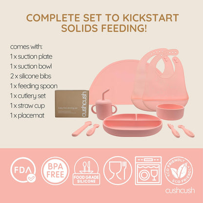 Silicone Baby Feeding Set, Baby Led Weaning Supplies, First Stage Solid Food eating Utensils, Divided Suction Plate, Bowl, Bibs, Sippy Cup, Placemat - 6+ months Newborn Gift (Blush Pink)