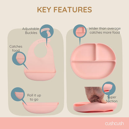 Silicone Baby Feeding Set, Baby Led Weaning Supplies, First Stage Solid Food eating Utensils, Divided Suction Plate, Bowl, Bibs, Sippy Cup, Placemat - 6+ months Newborn Gift (Blush Pink)