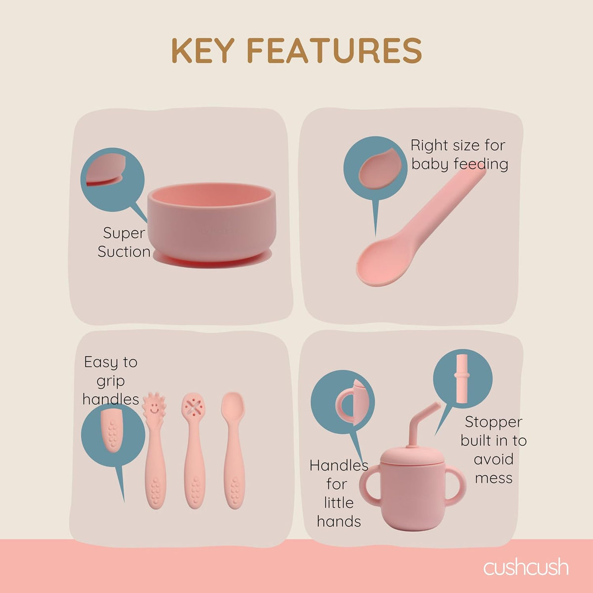 Silicone Baby Feeding Set, Baby Led Weaning Supplies, First Stage Solid Food eating Utensils, Divided Suction Plate, Bowl, Bibs, Sippy Cup, Placemat - 6+ months Newborn Gift (Blush Pink)
