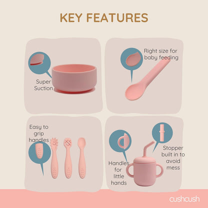 Silicone Baby Feeding Set, Baby Led Weaning Supplies, First Stage Solid Food eating Utensils, Divided Suction Plate, Bowl, Bibs, Sippy Cup, Placemat - 6+ months Newborn Gift (Blush Pink)