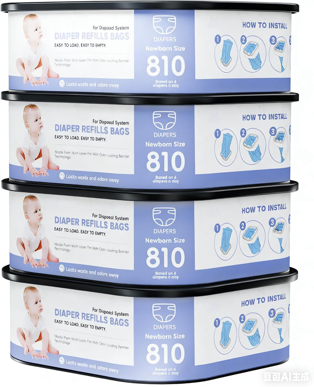 Square Refills Disposal Bags Refill Compatible With For Diaper Gen.ie Compact, Select (Not Fit Classic Version Pails), Hold Up to 810 Newborn-Sized Diapers Per Refill (4 Packs)