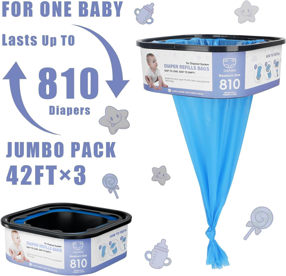 Square Refills Disposal Bags Refill Compatible With For Diaper Gen.ie Compact, Select (Not Fit Classic Version Pails), Hold Up to 810 Newborn-Sized Diapers Per Refill (4 Packs)