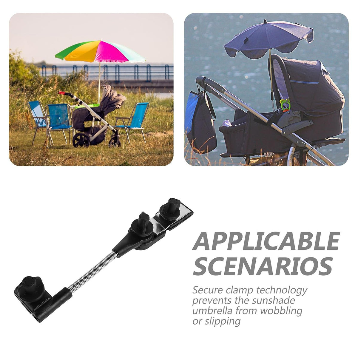 Universal Stroller Umbrella Clamp Holder for Pram and Wheelchair, 360° Adjustable Iron and Plastic Sunshade Extender for Outdoors and Changing Weather Protection