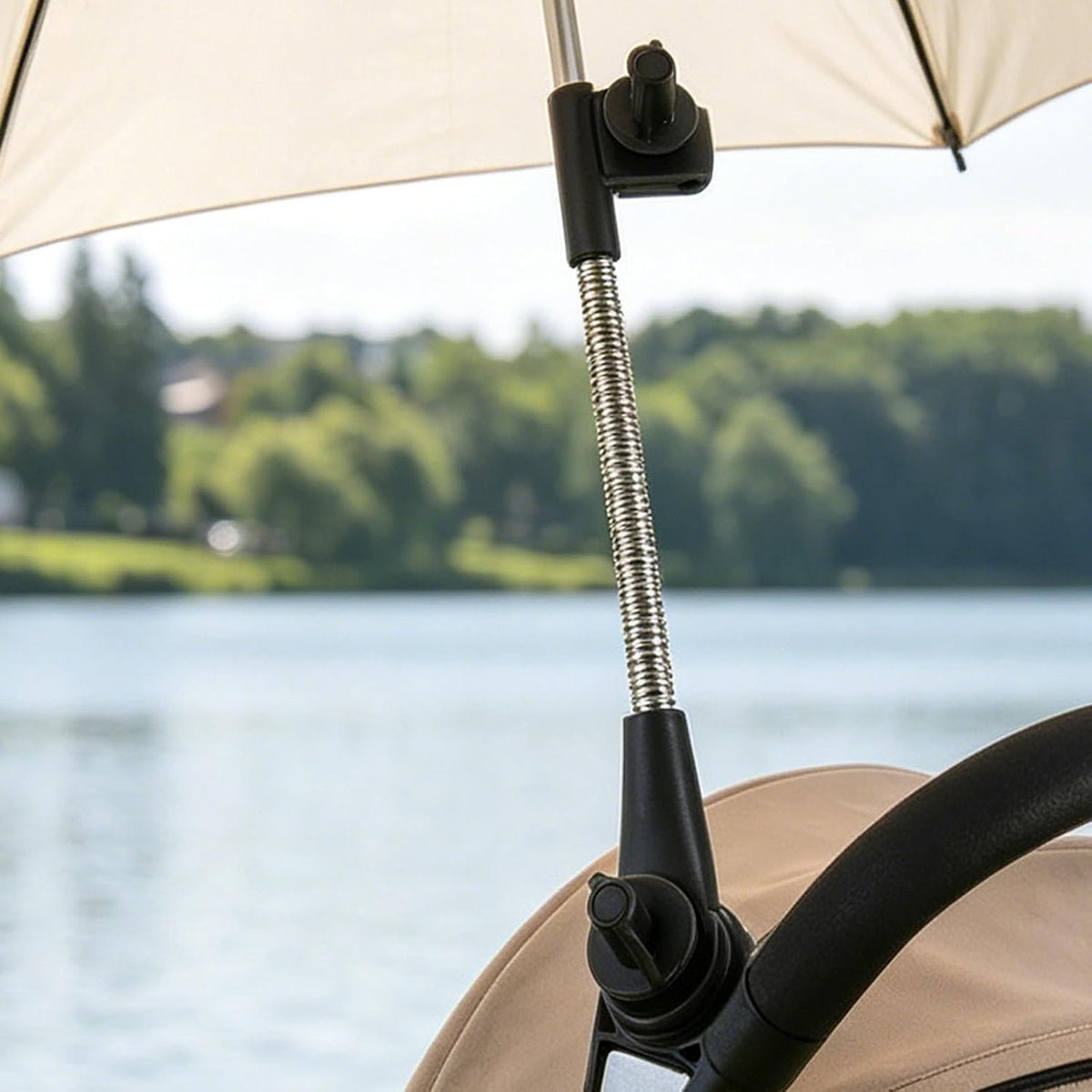Universal Stroller Umbrella Clamp Holder for Pram and Wheelchair, 360° Adjustable Iron and Plastic Sunshade Extender for Outdoors and Changing Weather Protection