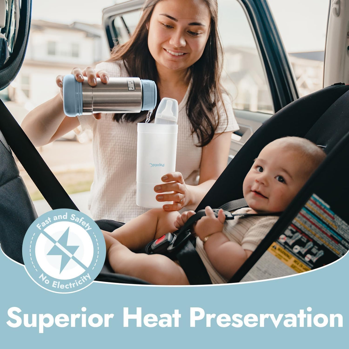 Portable Travel Baby Bottle Warmer On The Go, Fits Most Car Cup Holders, 12 OZ Stainless Steel Bottle Warmer, Leak-Proof, Safe & Easy to Clean