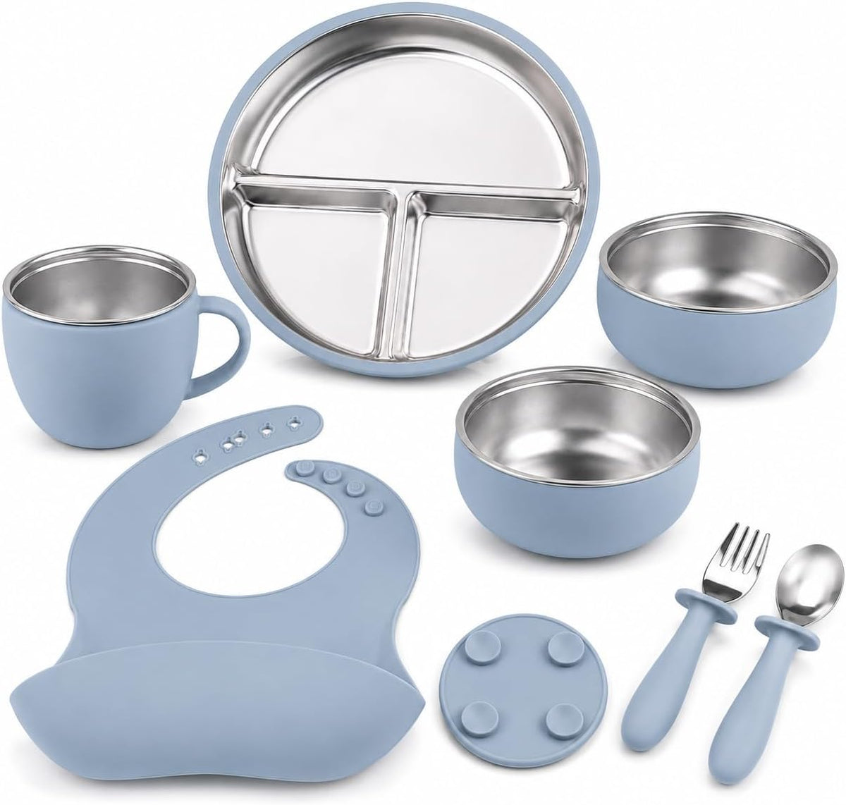 7Pcs Baby Feeding Set, Suction Plates Bowls Cup Bib Utensils for Toddlers