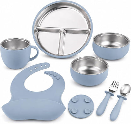 7Pcs Baby Feeding Set, Suction Plates Bowls Cup Bib Utensils for Toddlers