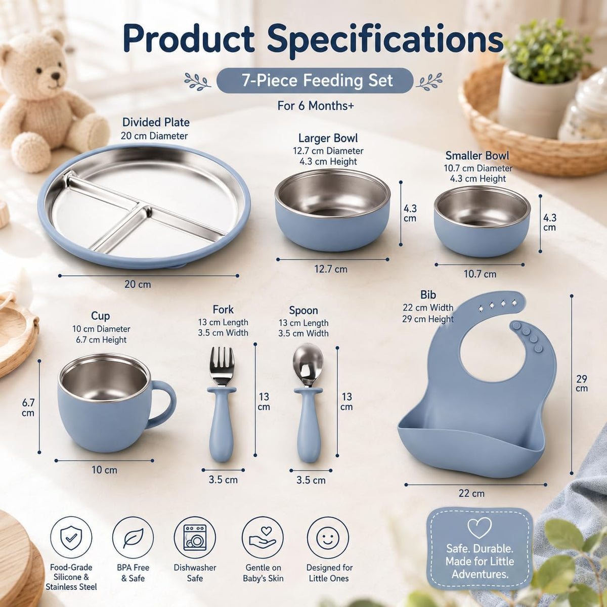 7Pcs Baby Feeding Set, Suction Plates Bowls Cup Bib Utensils for Toddlers