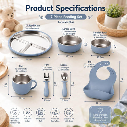 7Pcs Baby Feeding Set, Suction Plates Bowls Cup Bib Utensils for Toddlers