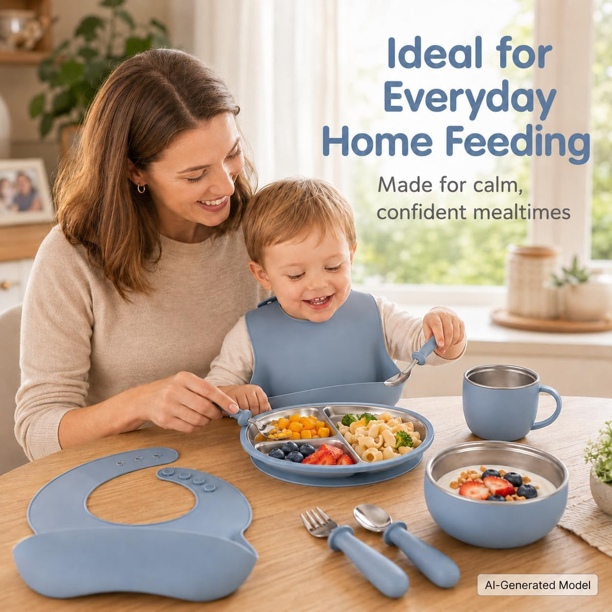 7Pcs Baby Feeding Set, Suction Plates Bowls Cup Bib Utensils for Toddlers