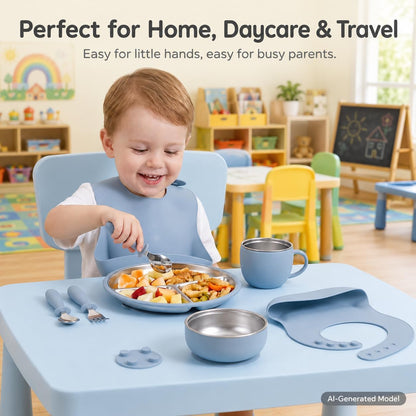 7Pcs Baby Feeding Set, Suction Plates Bowls Cup Bib Utensils for Toddlers