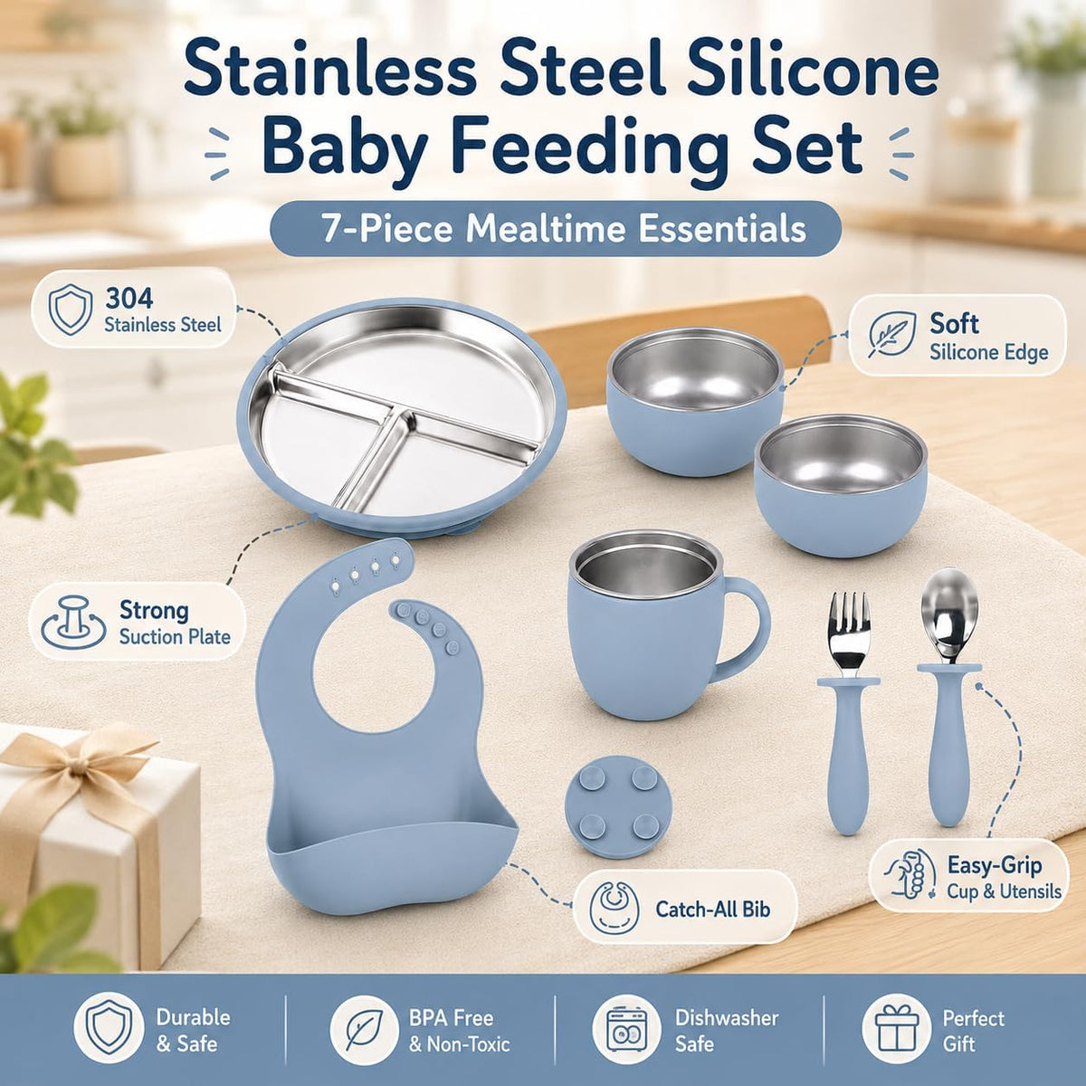 7Pcs Baby Feeding Set, Suction Plates Bowls Cup Bib Utensils for Toddlers