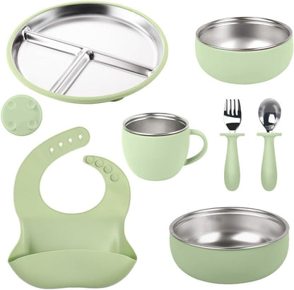 7Pcs Baby Feeding Set, Suction Plates Bowls Cup Bib Utensils for Toddlers