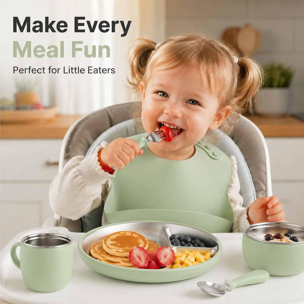 7Pcs Baby Feeding Set, Suction Plates Bowls Cup Bib Utensils for Toddlers