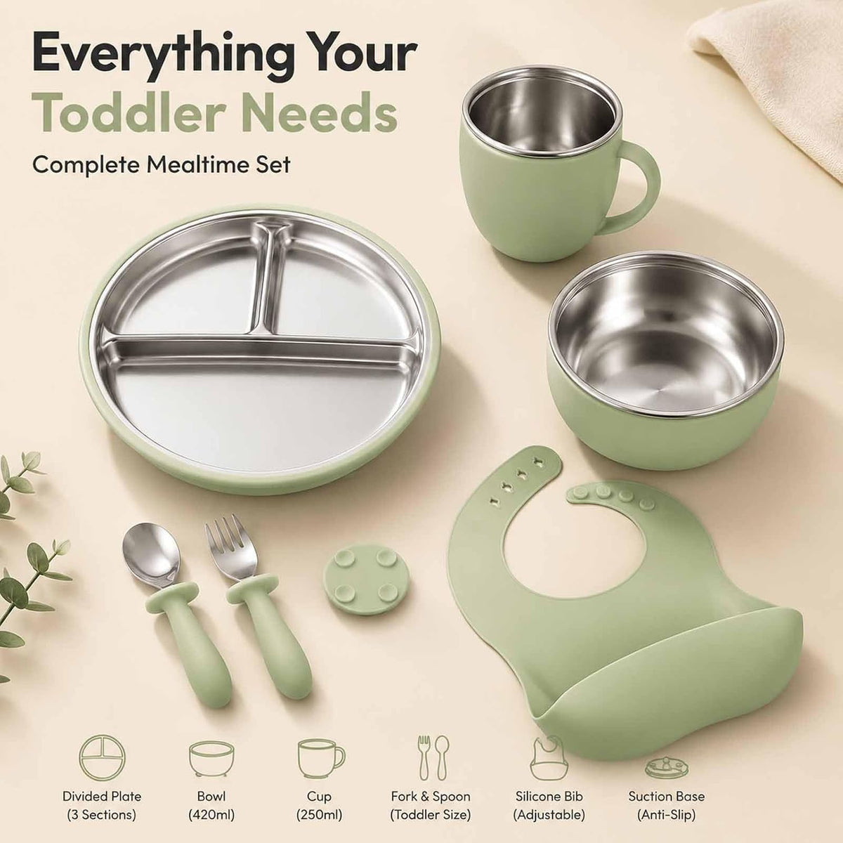 7Pcs Baby Feeding Set, Suction Plates Bowls Cup Bib Utensils for Toddlers