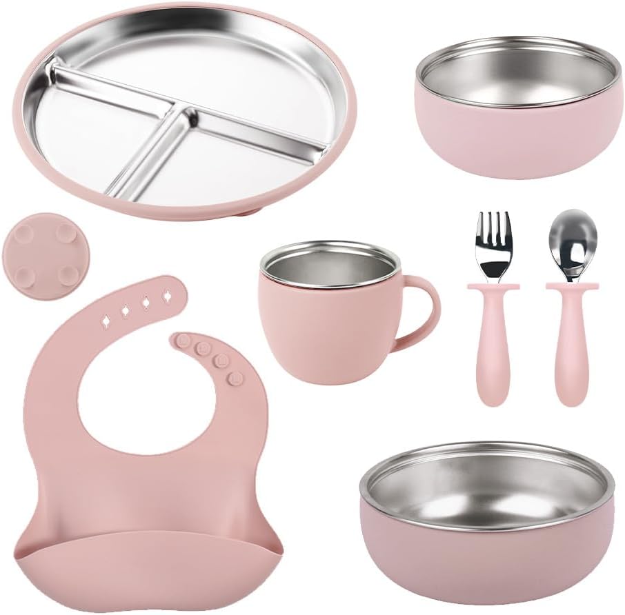 7Pcs Baby Feeding Set, Suction Plates Bowls Cup Bib Utensils for Toddlers