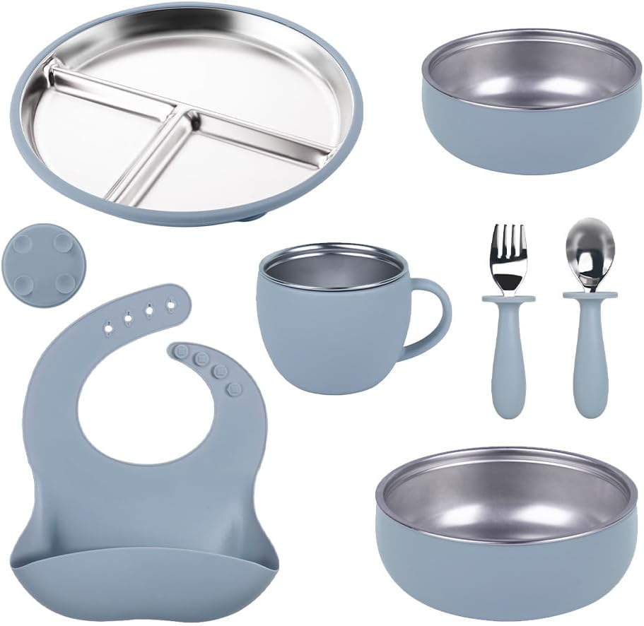7Pcs Baby Feeding Set, Suction Plates Bowls Cup Bib Utensils for Toddlers