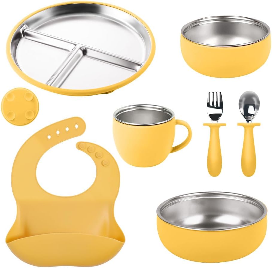 7Pcs Baby Feeding Set, Suction Plates Bowls Cup Bib Utensils for Toddlers