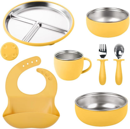 7Pcs Baby Feeding Set, Suction Plates Bowls Cup Bib Utensils for Toddlers