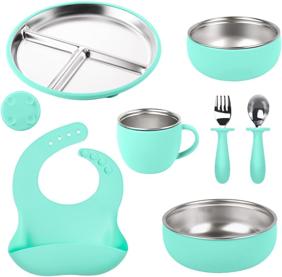 7Pcs Baby Feeding Set, Suction Plates Bowls Cup Bib Utensils for Toddlers