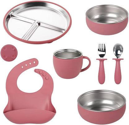 7Pcs Baby Feeding Set, Suction Plates Bowls Cup Bib Utensils for Toddlers