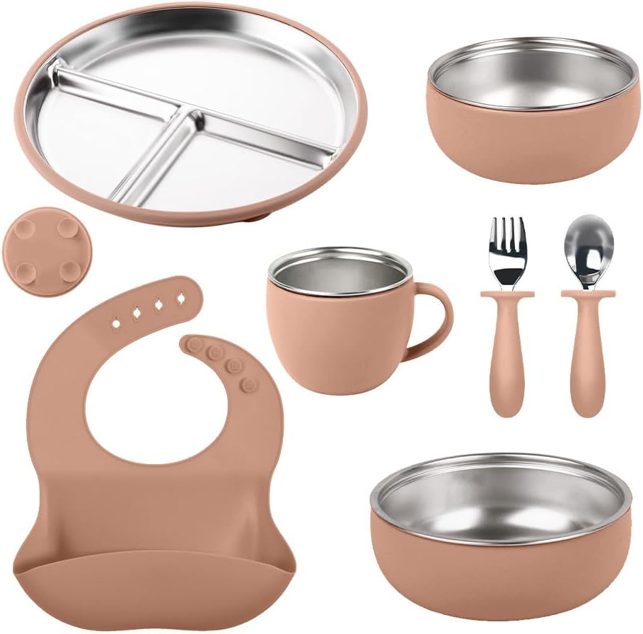 7Pcs Baby Feeding Set, Suction Plates Bowls Cup Bib Utensils for Toddlers