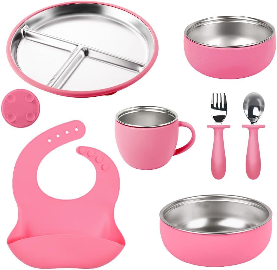 7Pcs Baby Feeding Set, Suction Plates Bowls Cup Bib Utensils for Toddlers