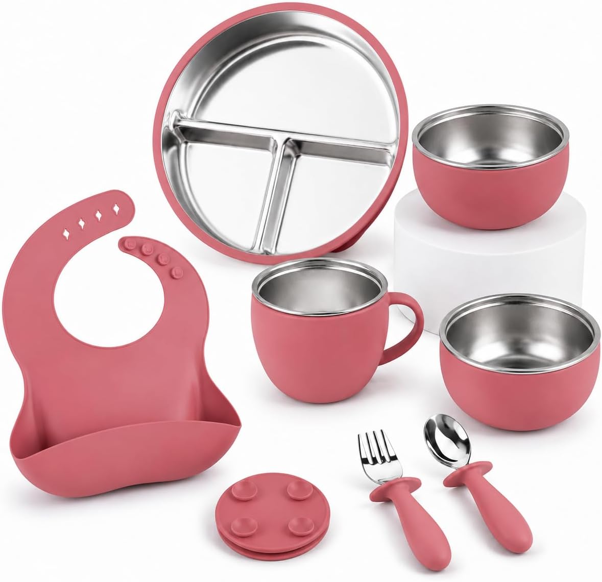 7Pcs Baby Feeding Set, Suction Plates Bowls Cup Bib Utensils for Toddlers
