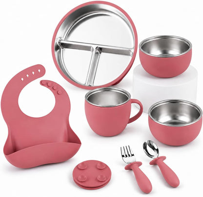7Pcs Baby Feeding Set, Suction Plates Bowls Cup Bib Utensils for Toddlers