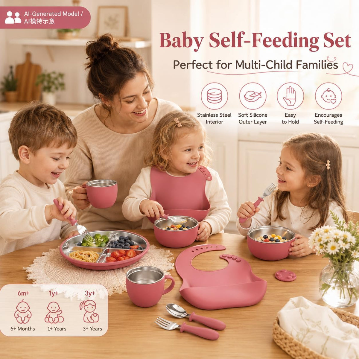 7Pcs Baby Feeding Set, Suction Plates Bowls Cup Bib Utensils for Toddlers
