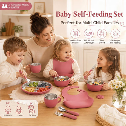 7Pcs Baby Feeding Set, Suction Plates Bowls Cup Bib Utensils for Toddlers