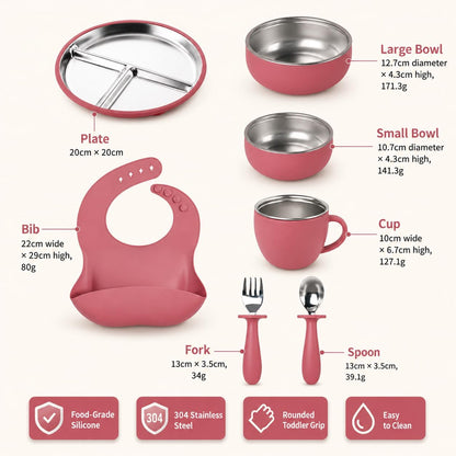 7Pcs Baby Feeding Set, Suction Plates Bowls Cup Bib Utensils for Toddlers