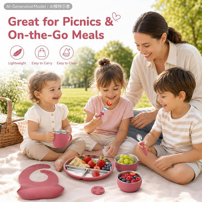 7Pcs Baby Feeding Set, Suction Plates Bowls Cup Bib Utensils for Toddlers