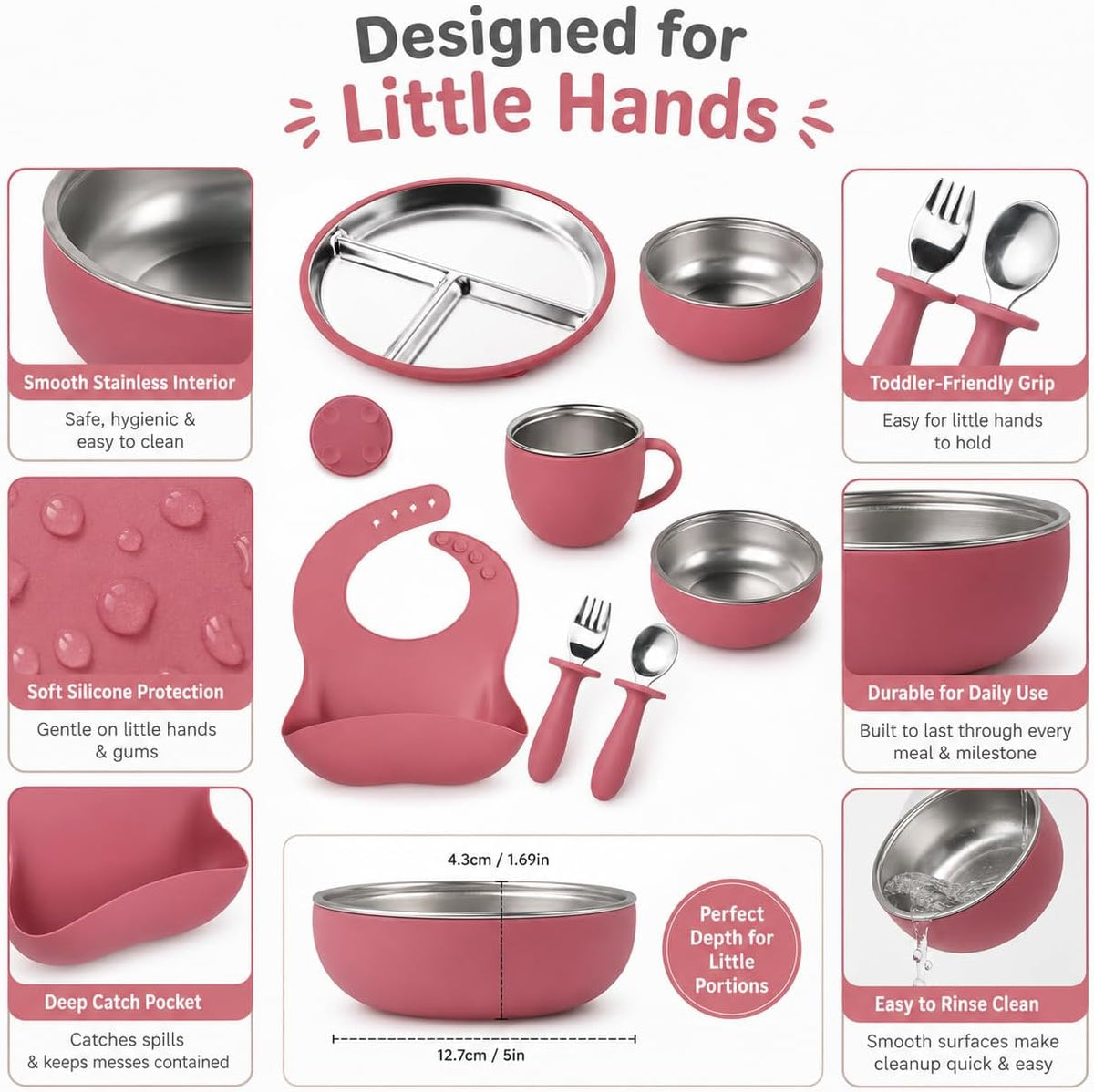 7Pcs Baby Feeding Set, Suction Plates Bowls Cup Bib Utensils for Toddlers