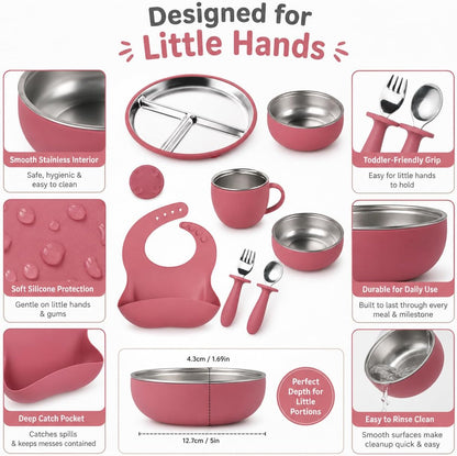 7Pcs Baby Feeding Set, Suction Plates Bowls Cup Bib Utensils for Toddlers