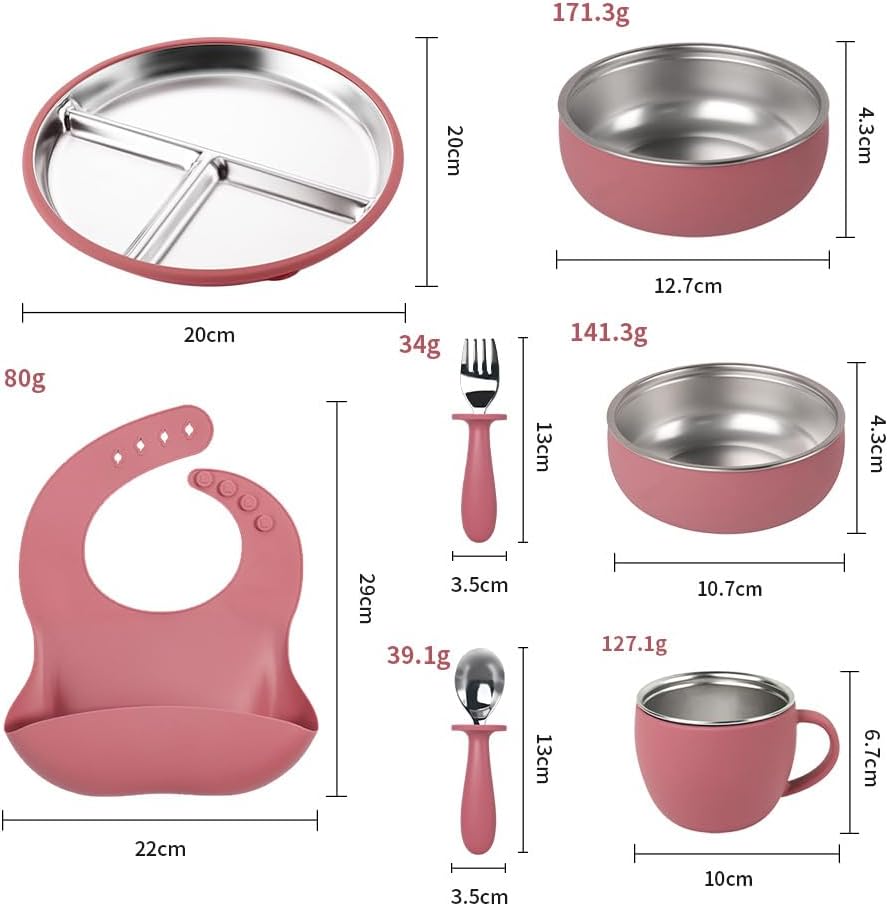 7Pcs Baby Feeding Set, Suction Plates Bowls Cup Bib Utensils for Toddlers