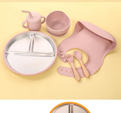 7Pcs Baby Feeding Set, Suction Plates Bowls Cup Bib Utensils for Toddlers