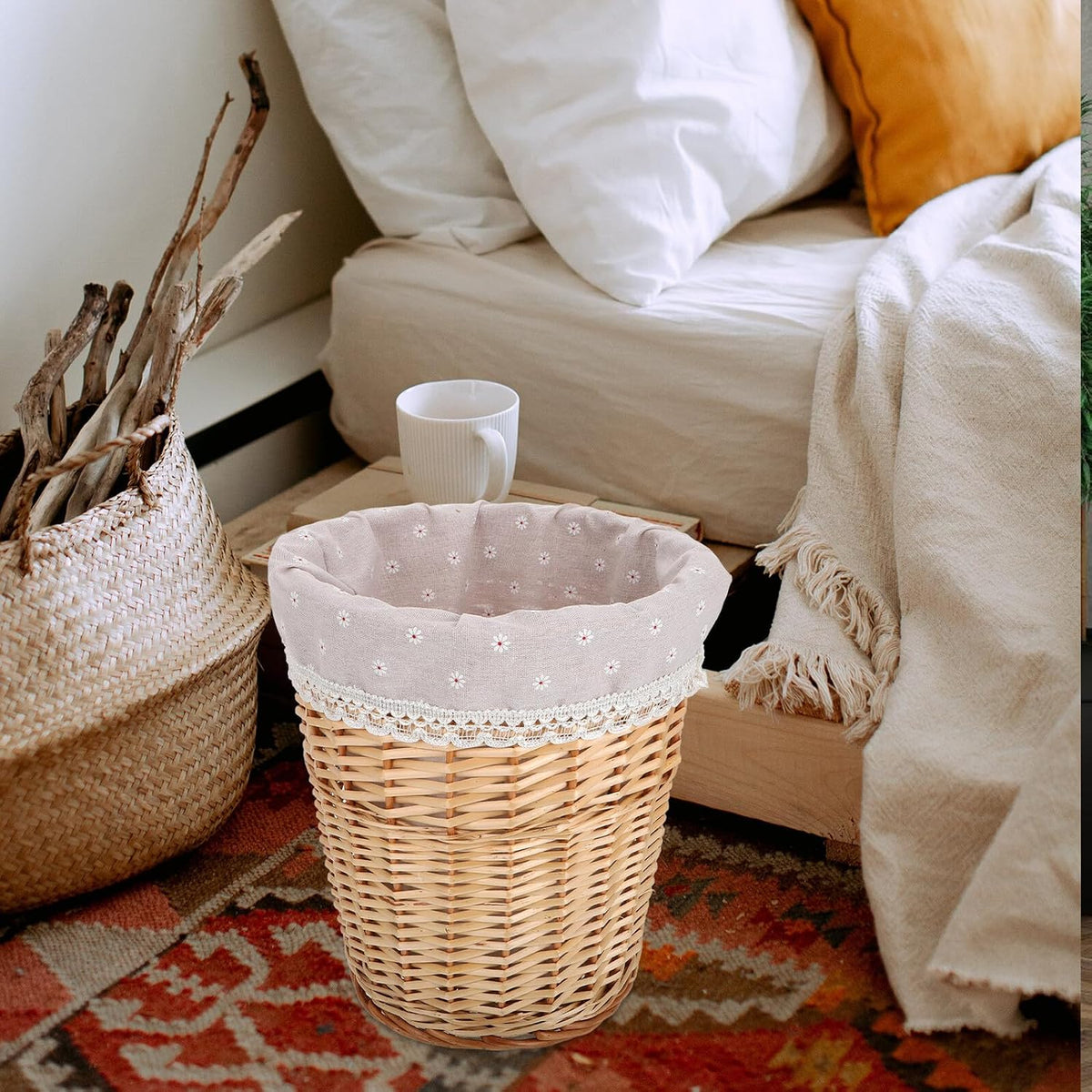 Wicker Laundry Basket Small Rattan Storage Basket Natural Color Handwoven Dirty Clothes Hamper with Removable Liner for Home and Nursery Organization