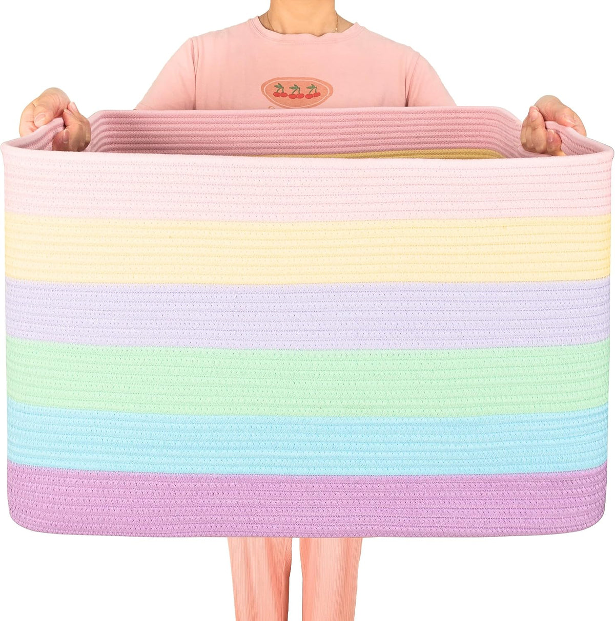 112L Extra Large Blanket Basket Holder Living Room, 25"x17"x16" Rectangle Rope Woven Storage Basket with Handles for Laundry, Towels, Shoes, Dog Toy Organizer Bin Box, Pastel Rainbow