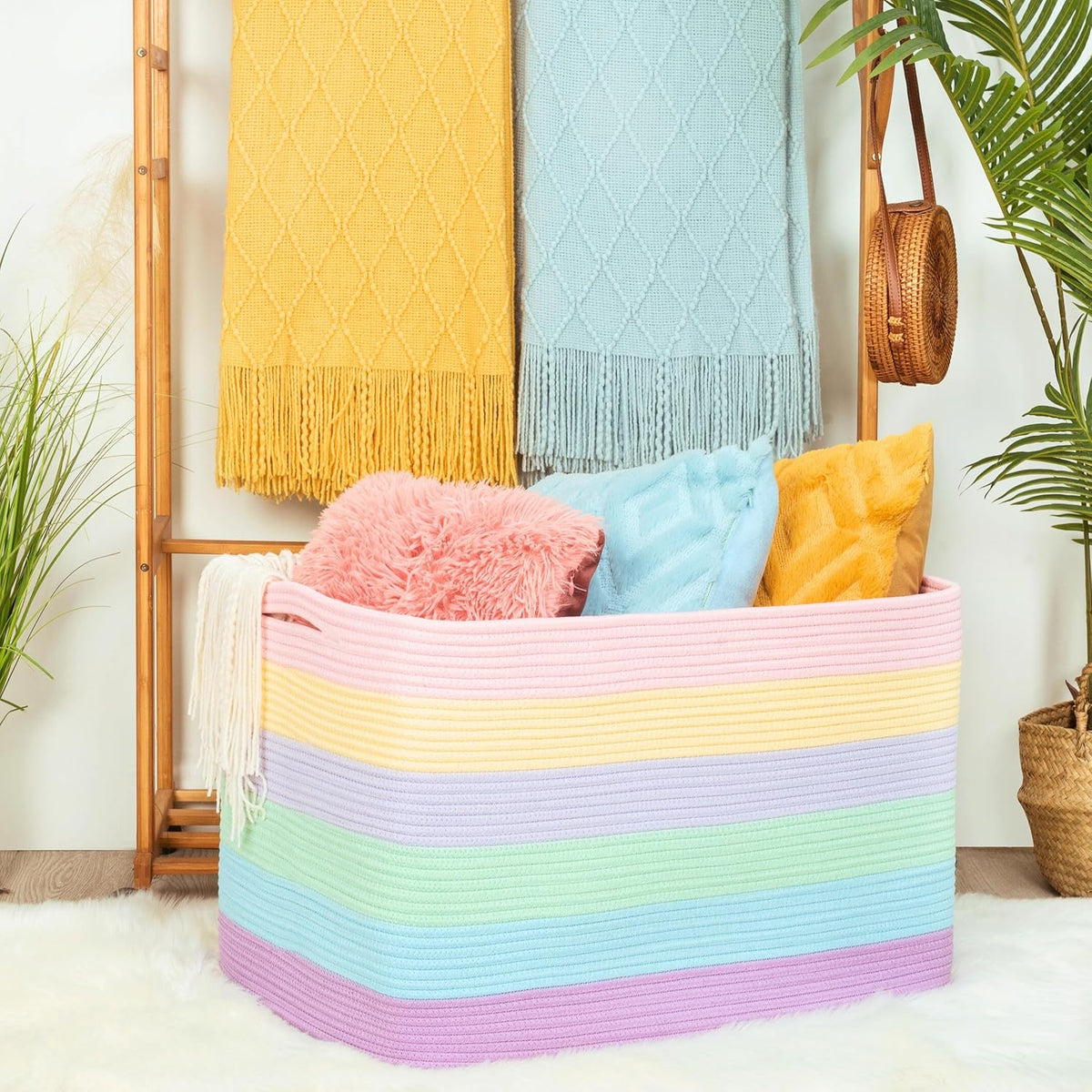 112L Extra Large Blanket Basket Holder Living Room, 25"x17"x16" Rectangle Rope Woven Storage Basket with Handles for Laundry, Towels, Shoes, Dog Toy Organizer Bin Box, Pastel Rainbow